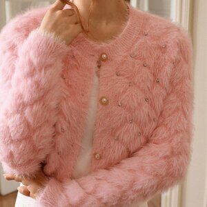 Pink Casual Women's Studded detailed fuzzy button down sweater Cardigan